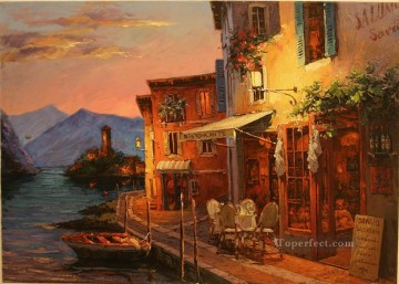 Cena en ciudades europeas del lago de Garda. Pinturas al óleo